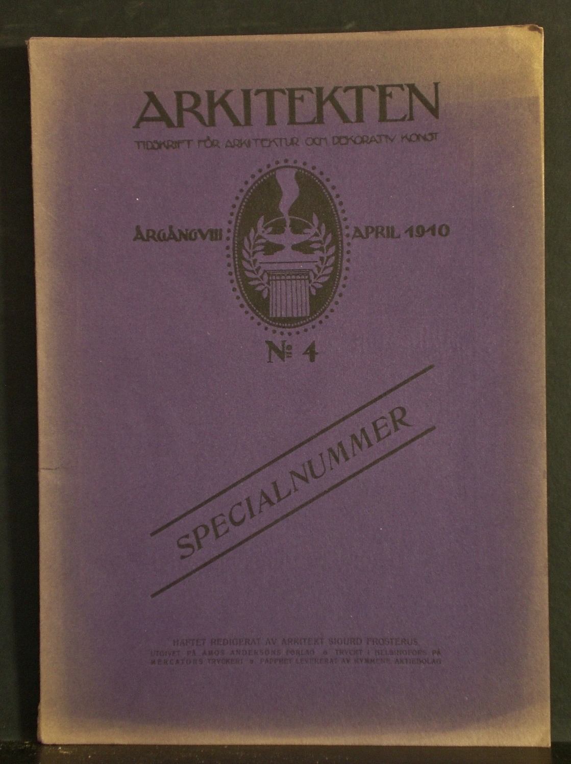 Frosterus, Sigurd: Arkitekten 1910. Tidskrift för arkitektur och dekorativ konst. Specialnummer, N:o 4, april 1910, årgång VIII. (innehållande "Det dekorativa måleriets förhållande till interiören" av Sigurd Frosterus)