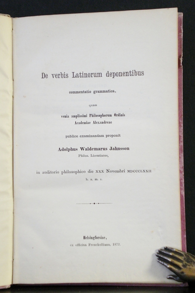 Waldemar Adolph Jahnsson De verbis Latinorum deponentibus, commentatio grammatica (1872)