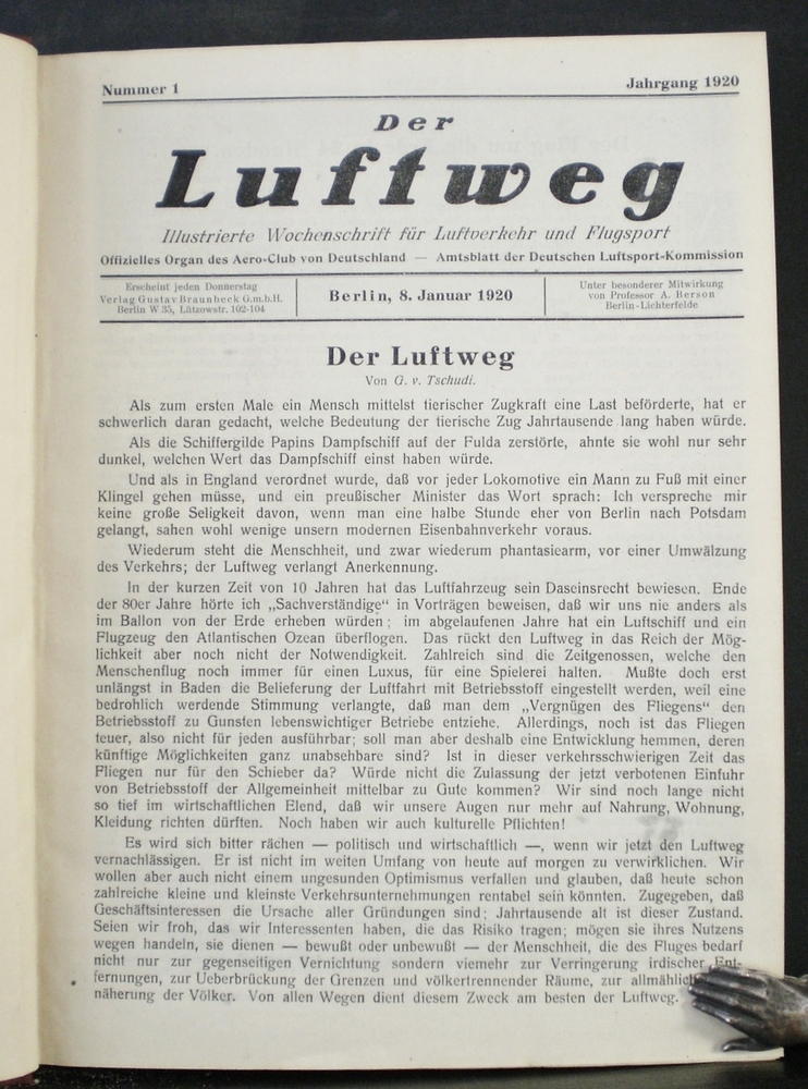 Der Luftweg. Illustrierte Wochenschrift fur Luftverkehr und Flugsport. Jahrgang 1920
