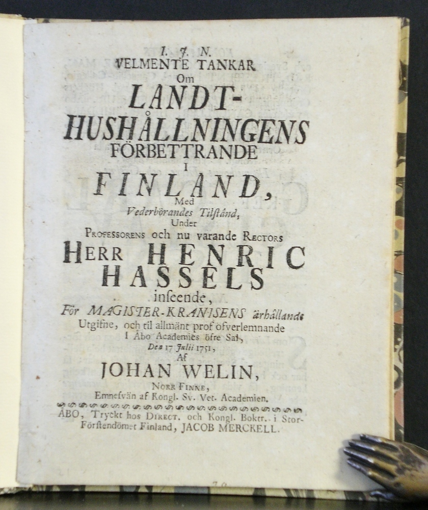 Welin - Hassel: Velmente tankar om landt-hushållningens förbettrande i Finland (1751)