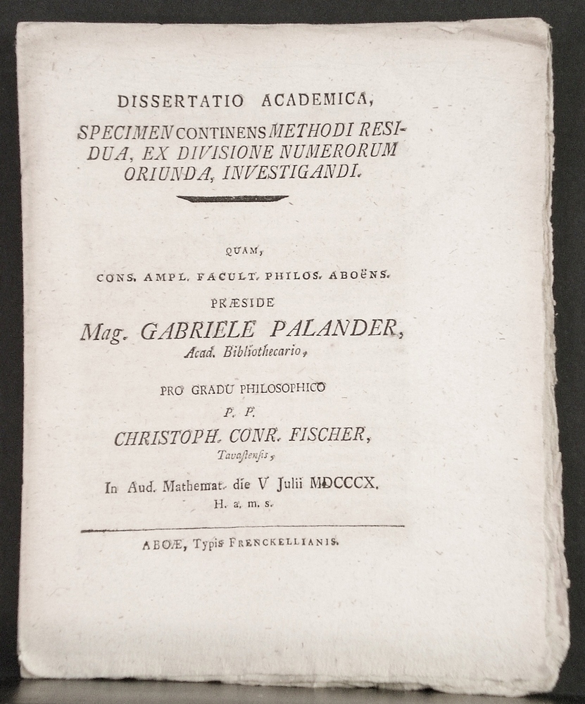 Dissertatio academica, spesimen continens methodi residua, ex divisione numerorum oriunda, investigandi (1810)