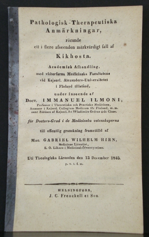 Pathologisk-therapeutiska anmärkningar rörande ett i flera afseenden märkvärdiga fall av kikhosta (1845)