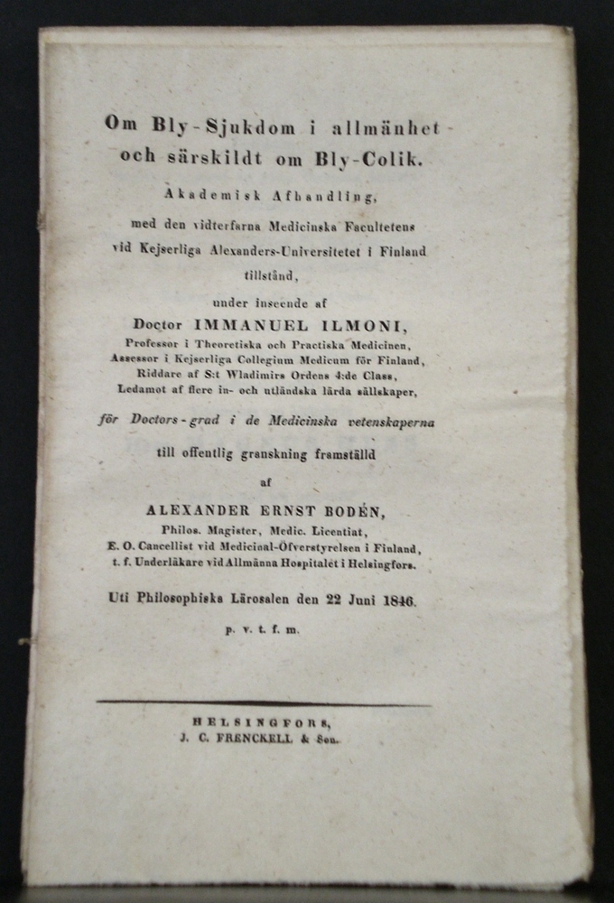 Om bly-sjukdom i allmänhet och särskildt om bly-colik (1846)