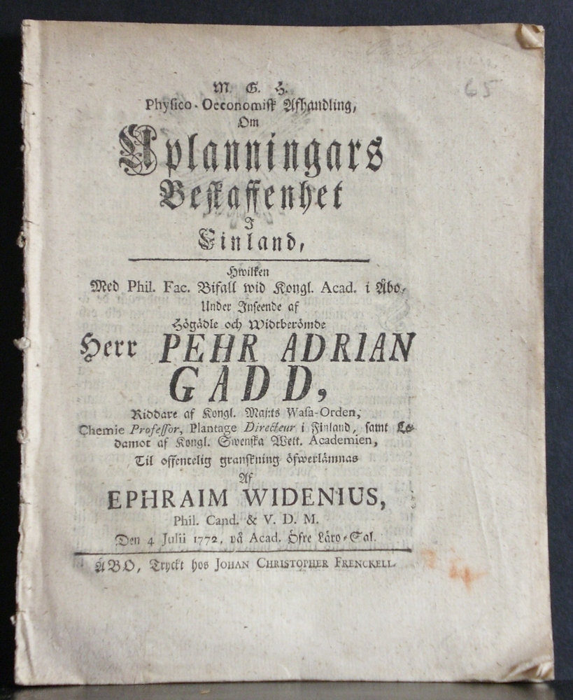 PEHR ADRIAN GADD Physico-oeconomisk afhandling, om uplanningars beskaffenhet i Finland (1772)