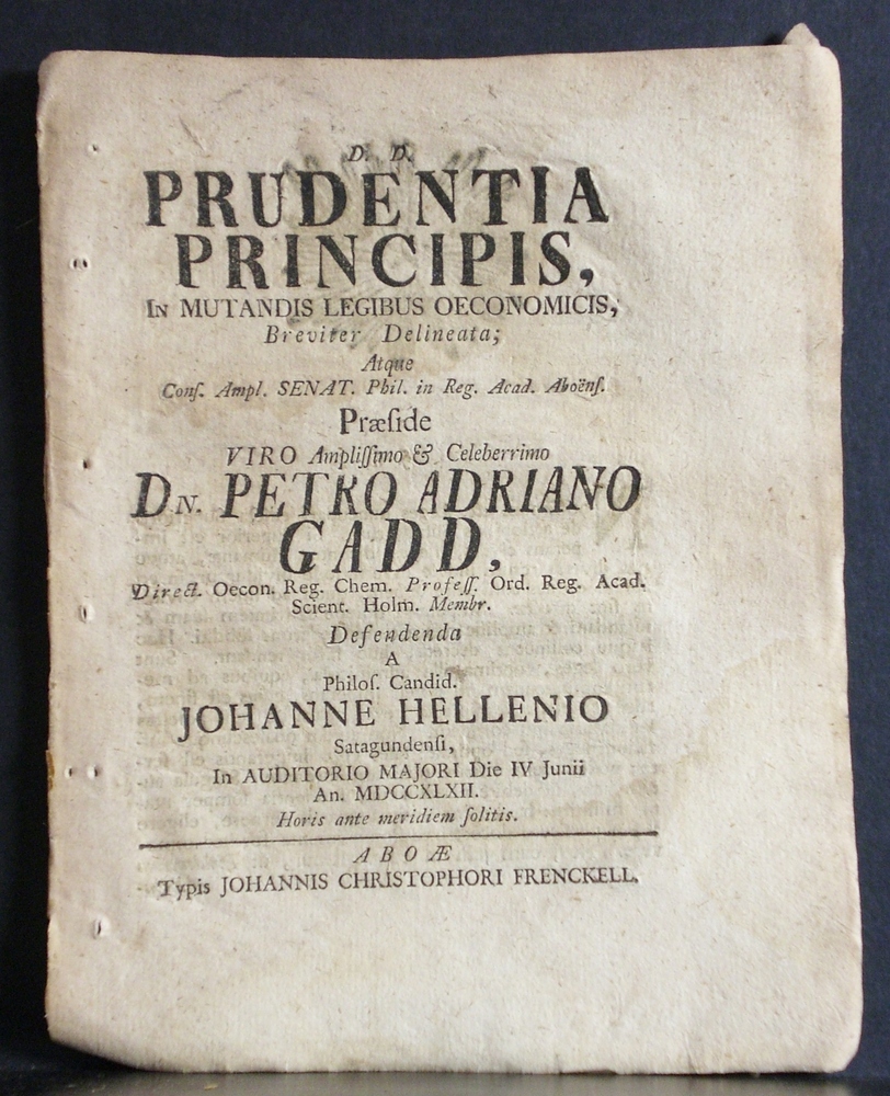 PEHR ADRIAN GADD Prudentia principis, in mutandis legibus oeconomicis, breviter delineata (1772)