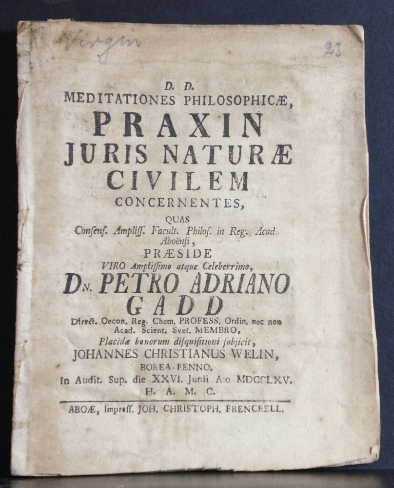 GADD PEHR ADRIAN Meditationes philosophicae praxin juris naturae civilem concernentes (1765)