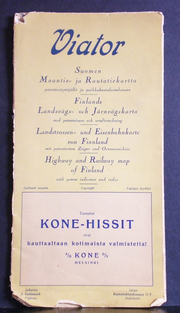 Viator. Suomen maantie- ja rautatiekartta patenttinäyttäjällä ja paikkakuntaluetteloineen (1929)