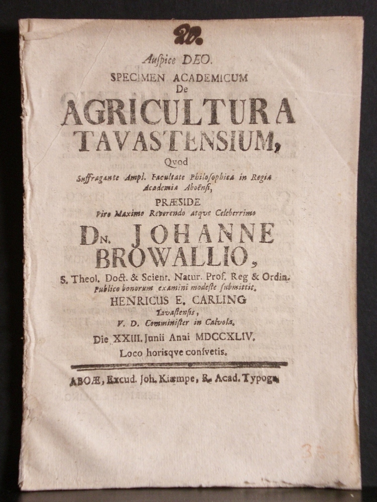 BROWALLIUS JOHANNES De agricultura Tavastensium (1744)