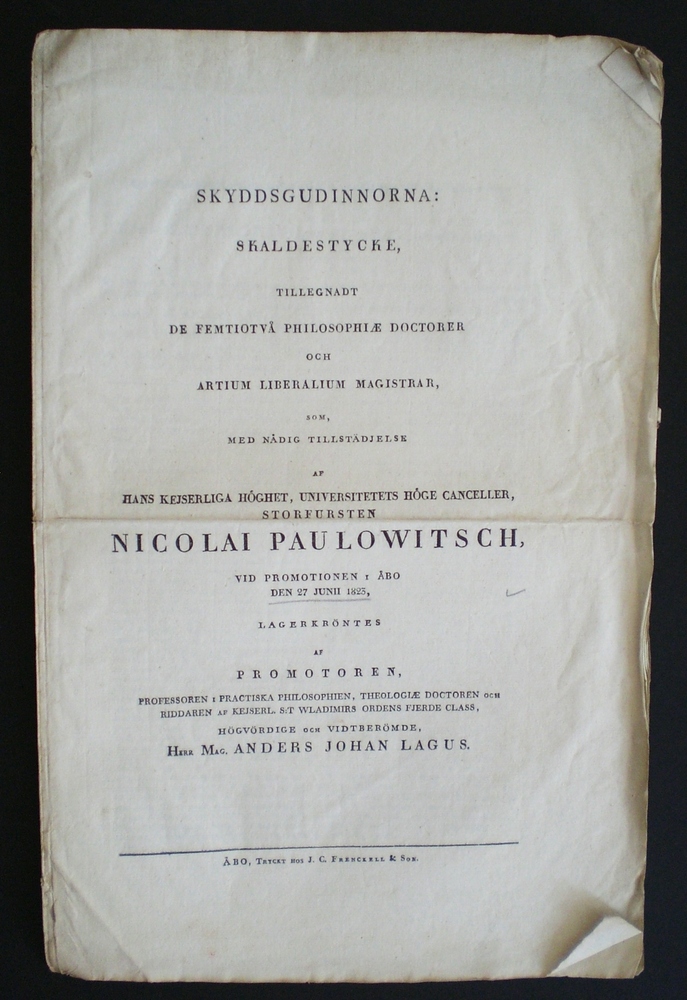 Axel Gabriel Sjöström: Skyddsgudinnorna, skaldestycke (1823)