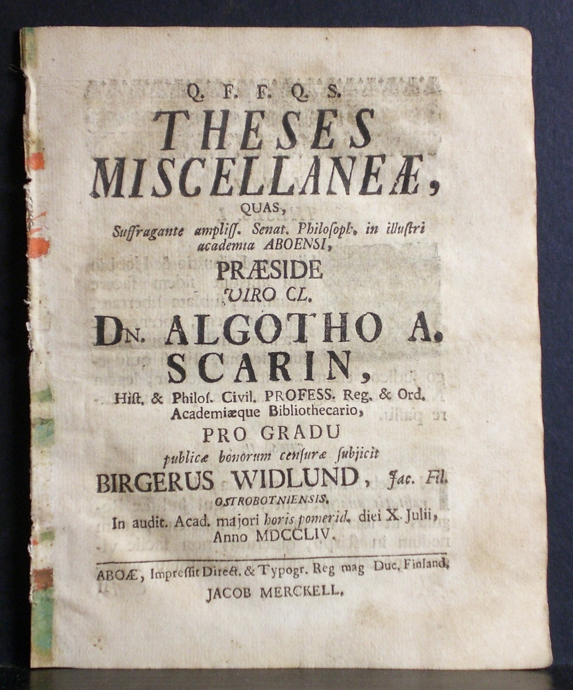 Scarin, Algothus: These miscellaneae. Resp. Birgerus Widlund - väitöskirjat