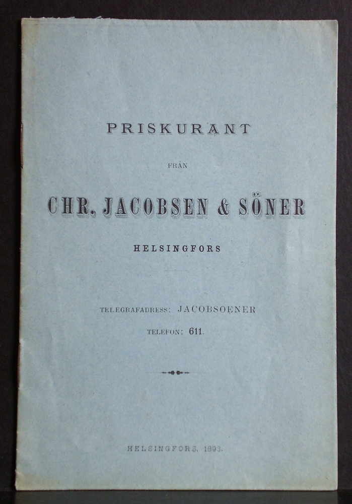 Priskurant från Chr. Jacobsen & Söner Helsingfors (1893)