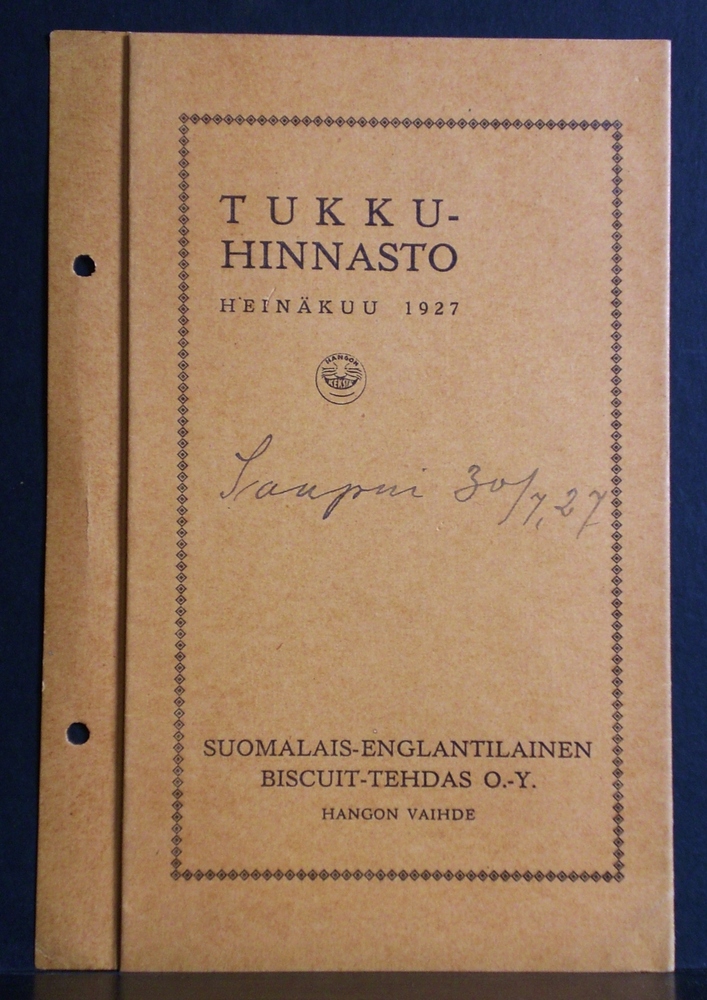 Tukkuhinnasto heinäkuu 1927. Suomalais-englantilainen Biscuit-tehdas O.Y.