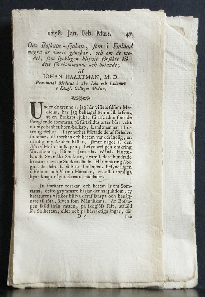JOHAN HAARTMAN Om Boskaps-sjukan (1758)
