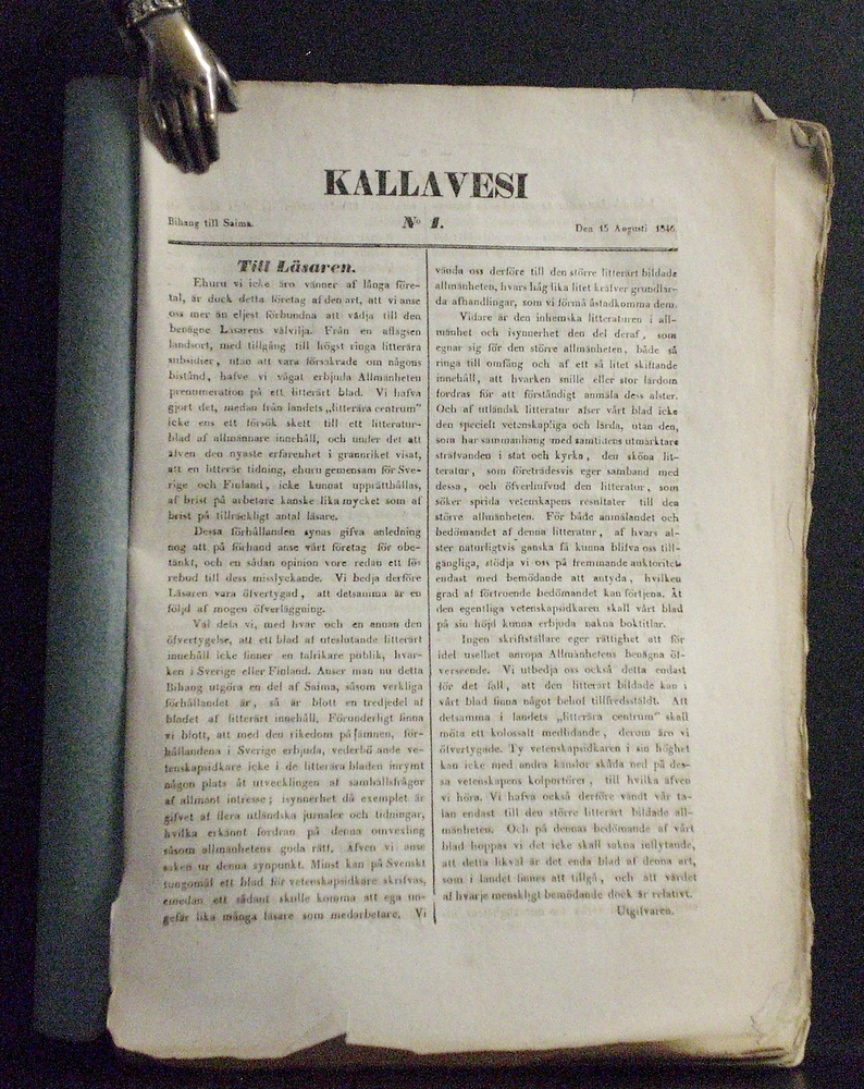 Kallavesi. Bihang till Saima. Nr. 1-19 (augusti-december), 1846