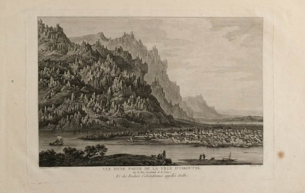 de Lespinasse, N. L.: Vue d'une Partie de la Ville d'Iakoutsk, sur la Rive Occidentale de la Léna, et des Rochers Colonniformes appellés Stolbi