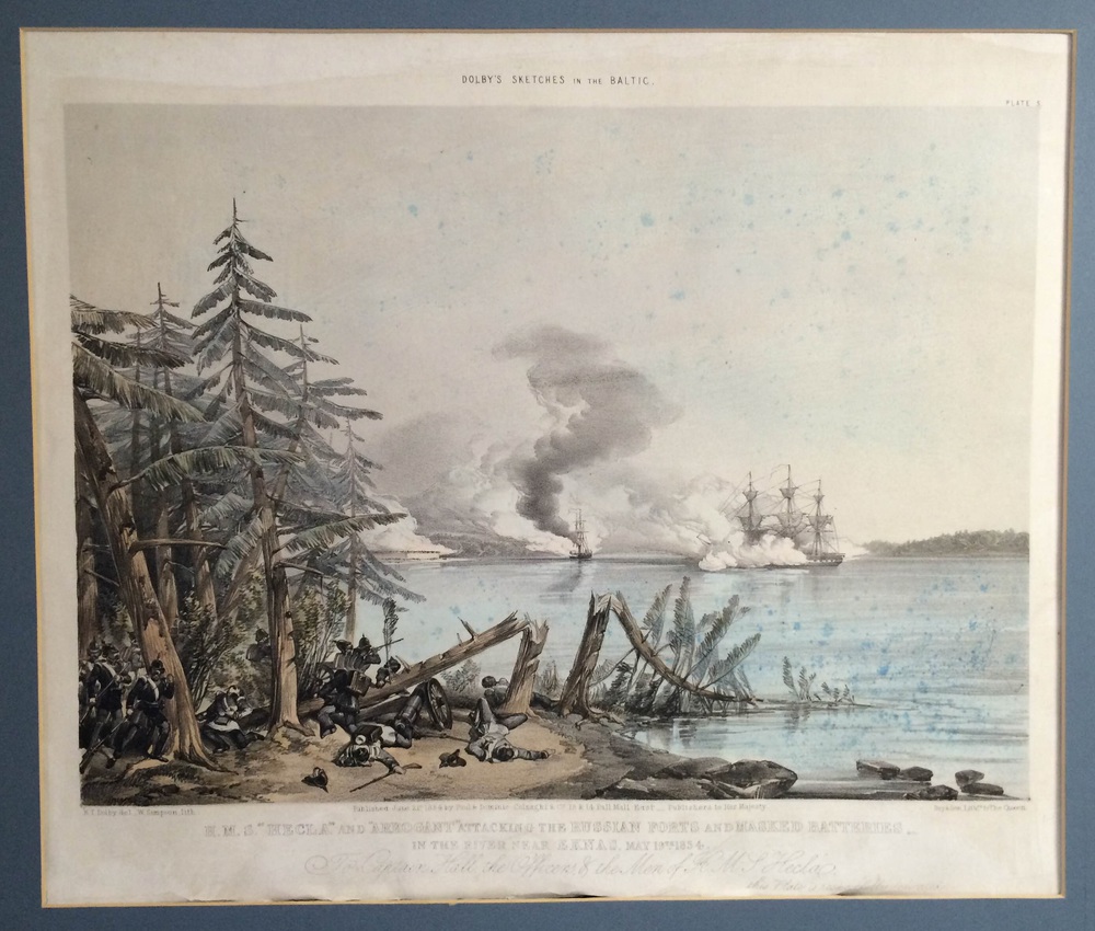 Dolby, E. T.: H. M. S. "Hecla" and "Arrogant" attacking the russian forts and masked batteries, in the river near Eknas, May 19th. 1854