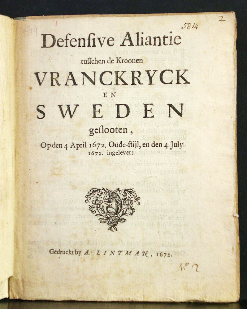 Defensive Aliantie tusschen de Kroonen Vranckryck en Sweden geslooten (1672)
