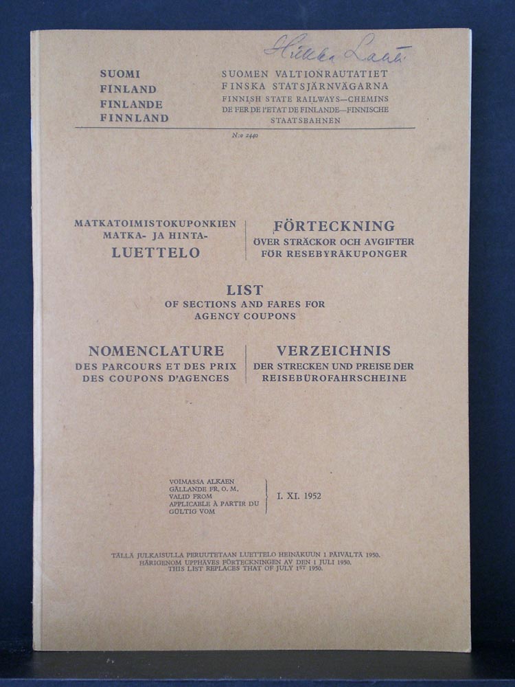 Suomen Valtionrautatiet. Matkatoimistokuponkien matka- ja hintaluettelo (1952)