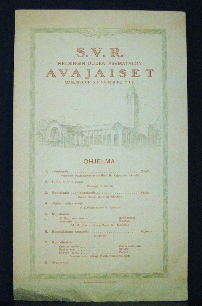 Ohjelma - Program: helsinki.S.V.R. Helsingin uuden asematalon avajaiset maaliskuun 5 p:nä 1919 kl. 7 i.p.. F.S.J. Invigningen av Hesingfors nya stationshus den 5 mars 1919 kl. 7 e.m. - kaupungit