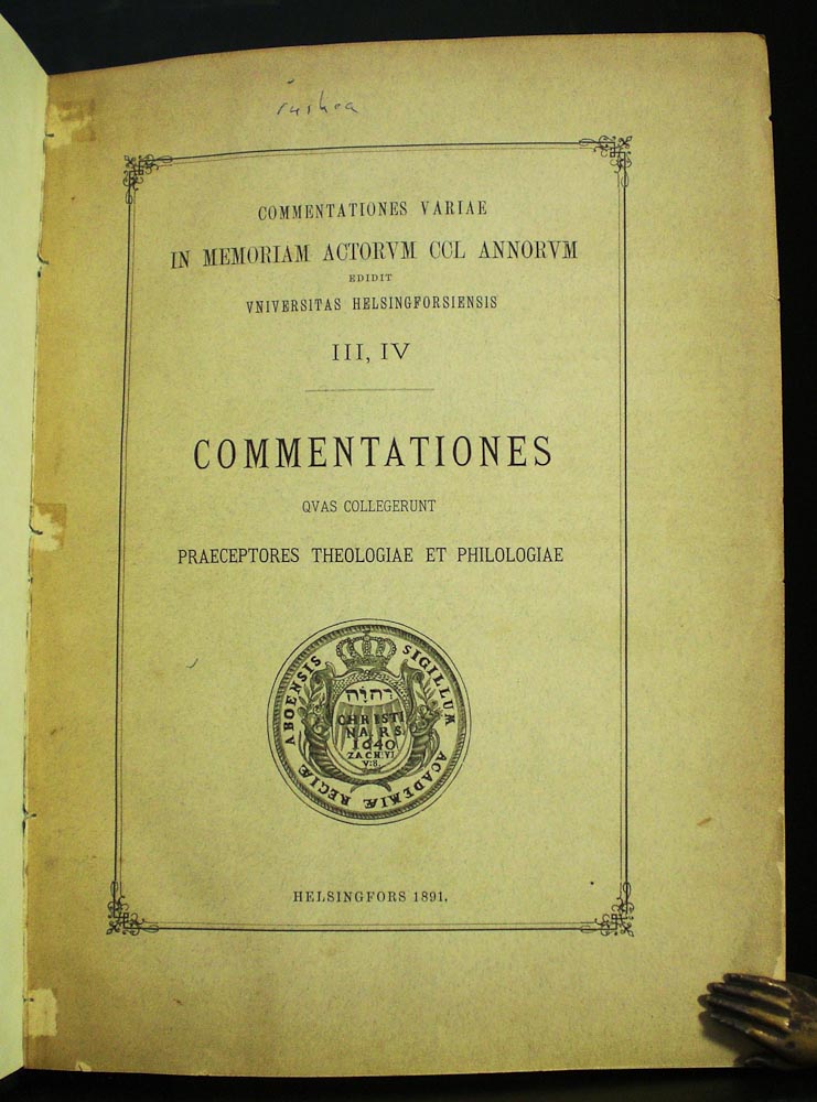 Tötterman, Aug. - Gustafsson, F. - Heikel, I.A. - Söderhjelm, W. - Setälä, E.N. y.m., m.fl.: Funf Suljenschriften, nach ihren Texten fetsgestellt. De Livii libro XXI emendando. Beiträge zur Erklärung von Plutarchos. Biographie des Perikles. Das Martinleben des Pèan Gatineau. Bemerkungen uber Quellen und Sprache. Pari suomalaista poimintoa Upps - kansatiede
