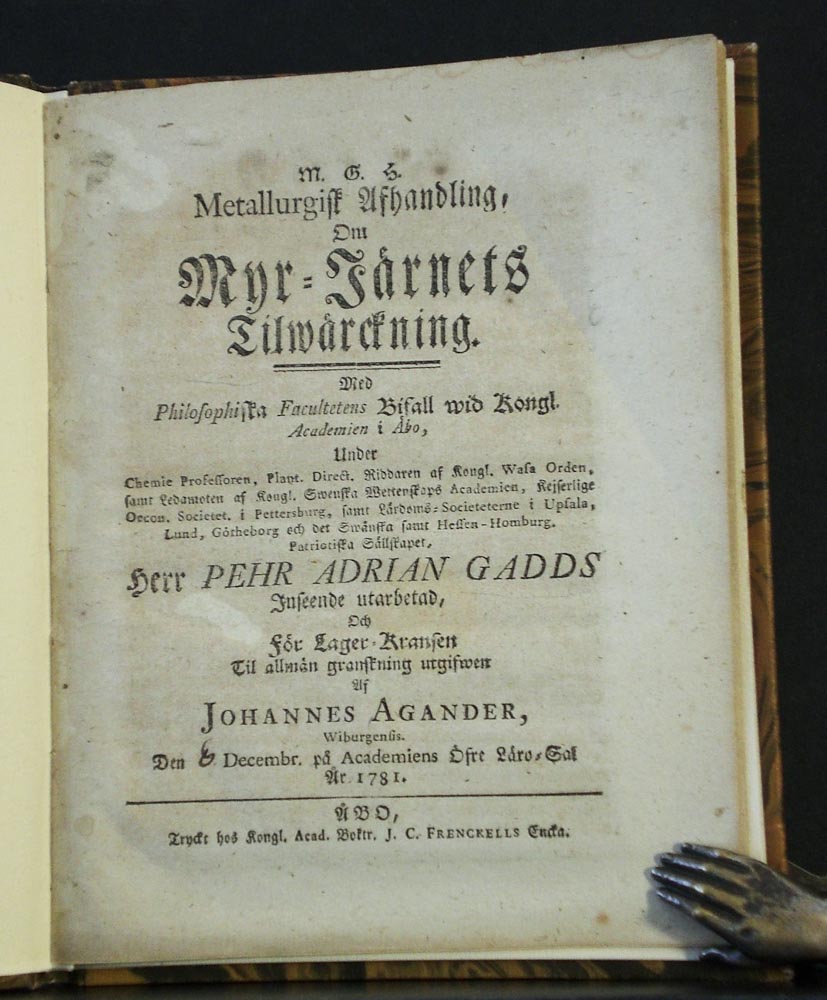 PEHR GADD Metallurgisk afhandling, om myr-järnets tilwärckning (1781)