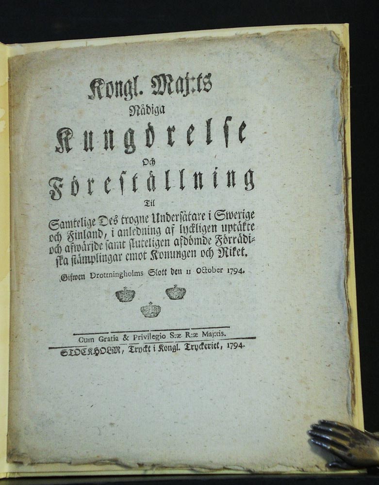 Kongl. Maj:ts nådiga kungörelse och föreställning til samtelige des trogne undersåtare i Swerige och Finland (1794)