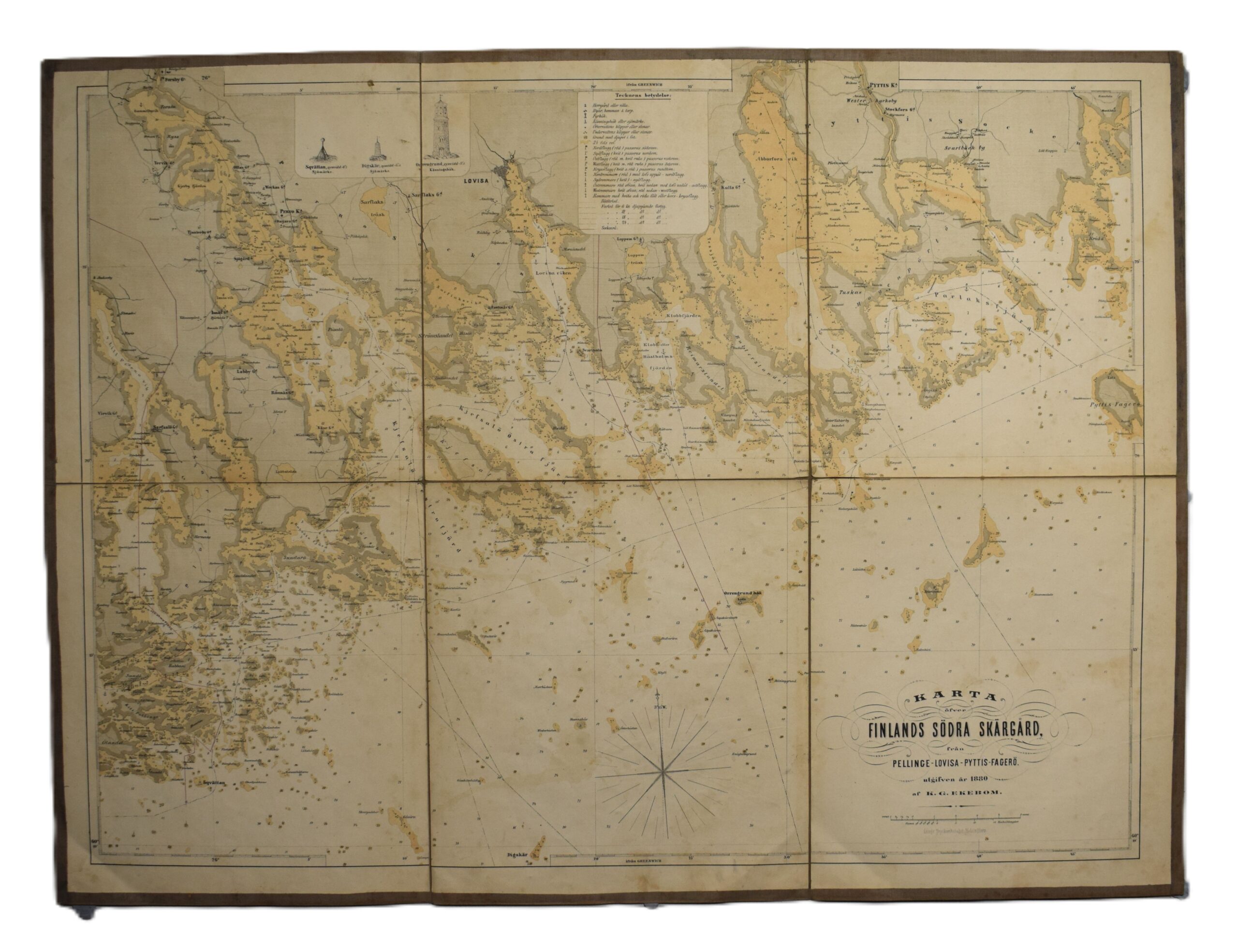 Antique 1880 Ekebom sea chart of the Finnish coast (Pellinge – Lovisa-Pyttis - Fagerö) by K.G. Ekebom, three-toned lithograph. | K. G. Ekebom merikortti Loviisan saaristosta (Pellinki - Loviisa - Pyhtää) | Ekeboms sjökort över Lovis skärgård. Pellinge - Lovisa - Pyttis - Fagerö 1880.