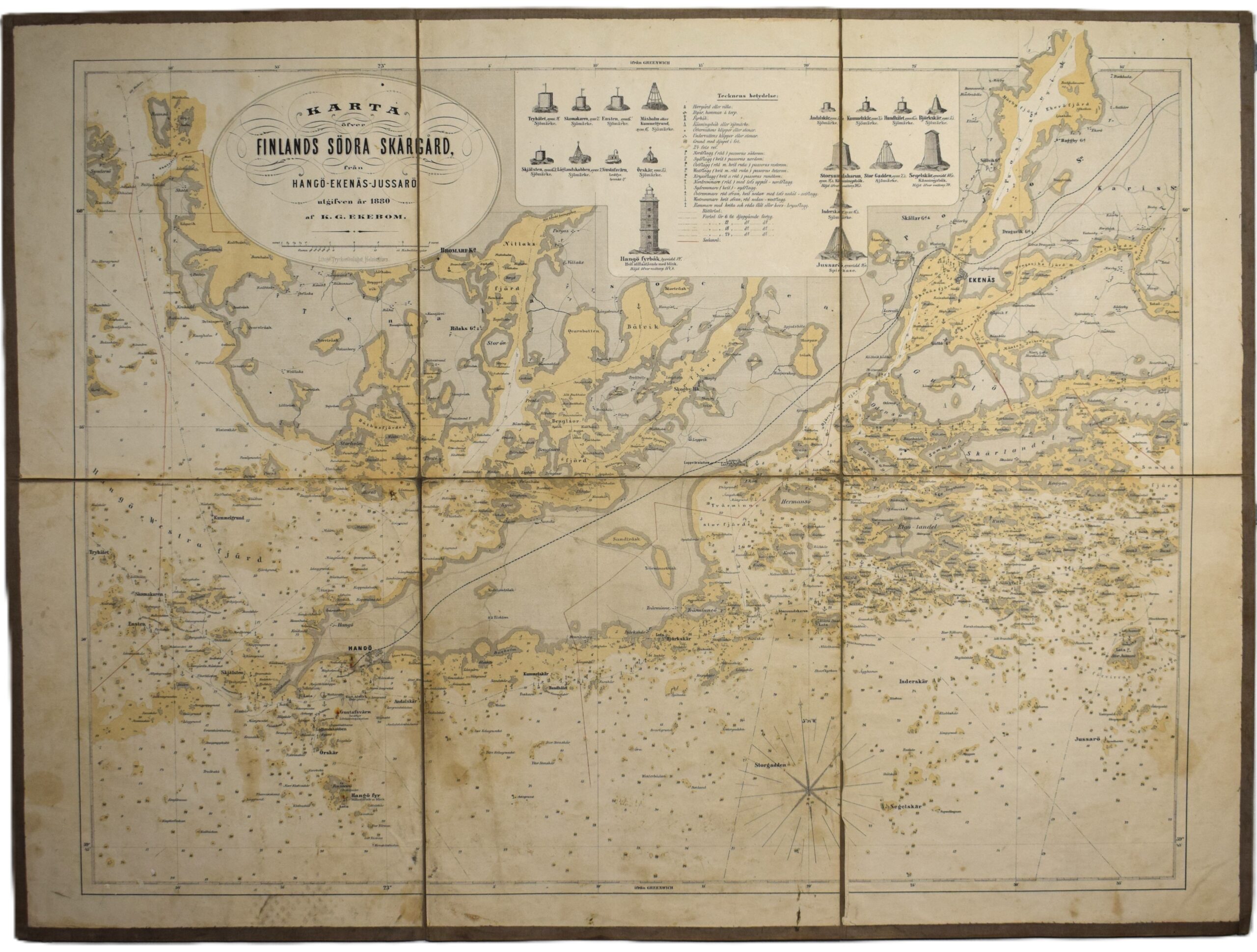 Antique 1880 sea chart of the Finnish coast (Hanko – Tammisaari-Jussarö) by K.G. Ekebom, three-toned lithograph. | K. G. Ekebom Hangon merikortti (Hankoniemi-Tammisaari - Jussarö) | Ekeboms sjökort över Hangö - Ekenäs - Jussarö 1880.