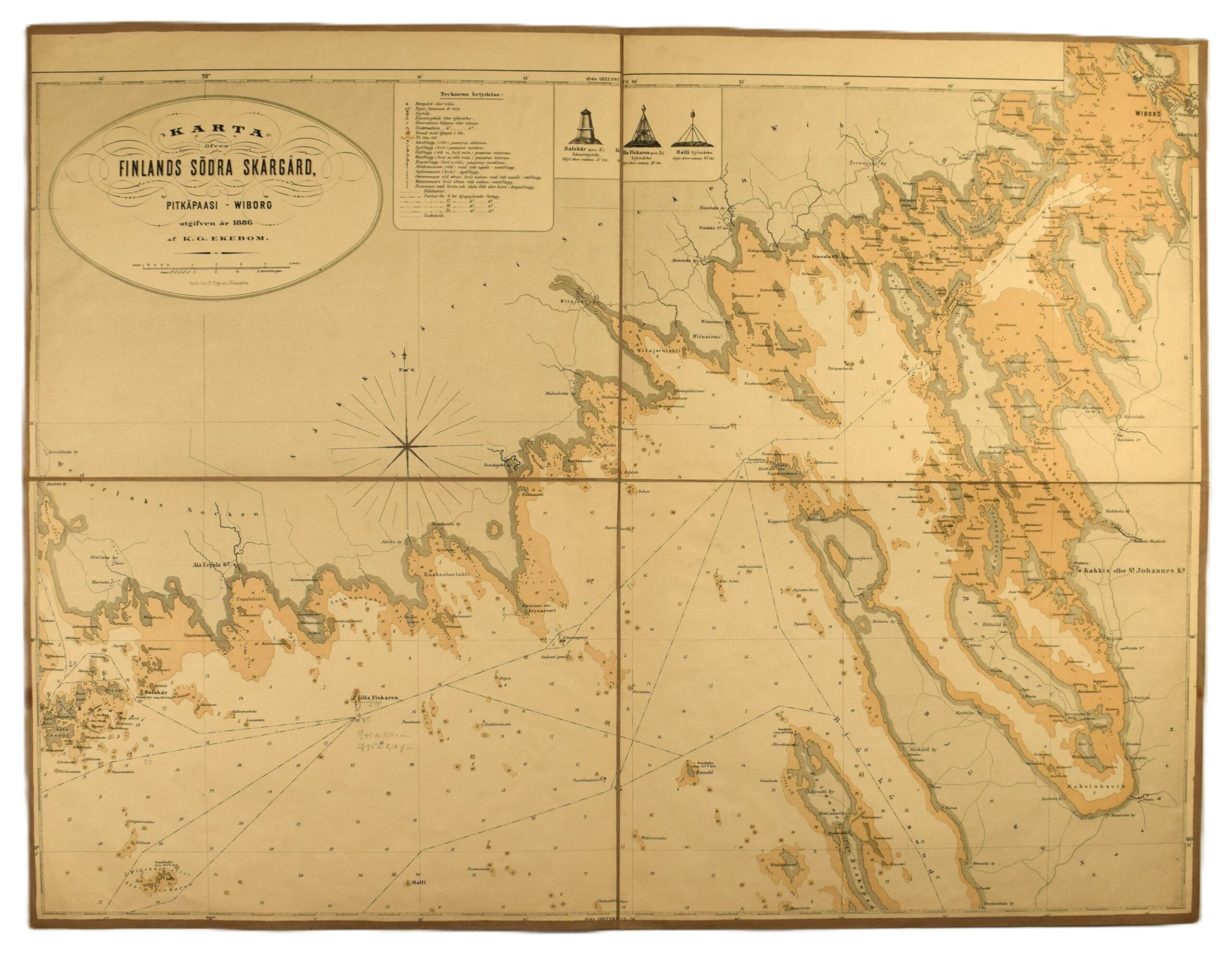 Antique 1880 Ekebom sea chart of the Finnish coast (Pitkäpaasi – Viborg) by K.G. Ekebom, three-toned lithograph. | K. G. Ekebom merikortti Viipurinlahdesta (Pitkäpaasi - Viipuri) | Ekeboms sjökort över Viborg - Pitkäpaasi 1880.